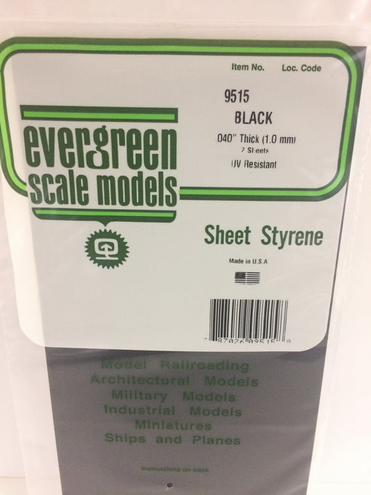 Evergreen Styrene Sheet - Black - 8 x 21  20.3 x 53.3cm -- .040  .10cm pkg(3)