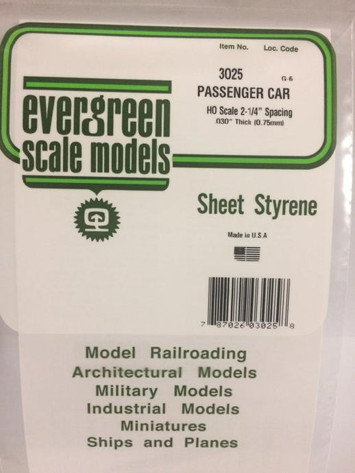 Evergreen Styrene HO Scale Passenger Car Siding - 6 x 12 Sheet; Scale 2-1/4 Spacing -- .030 Thick