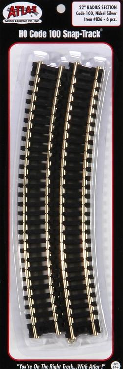 Atlas HO Code 100 Curved Snap-Track Nickel-Silver Rail -- 22 Radius (Black Ties) pkg(6)