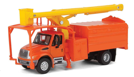 Walthers Scene Master International 4300 2-Axle Truck with Tree Trimmer Body - Orange cab and body, yellow boom