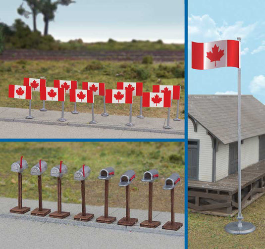 Walthers SceneMaster HO Flags (11) and Mailboxes (8) - Canadian Flags, 1965-Present