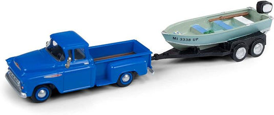 Classic Metal Works 1957 Chevy Step-Side Pickup Truck with Fishing Boat and Trailer - Dawn Blue