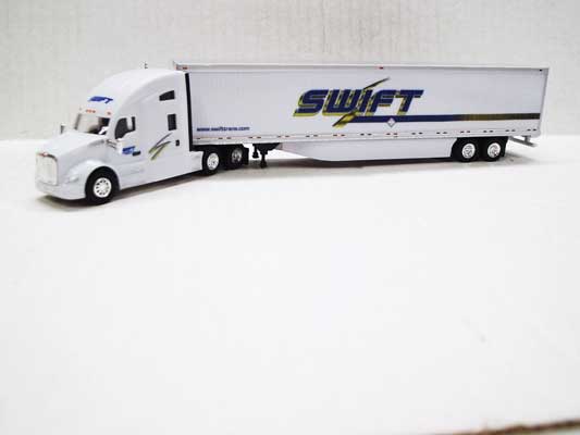 Truck N Stuff HO Kenworth T680 Sleeper-Cab Tractor with 53' Dry Van Trailer - Assembled -- Swift (white, blue, yellow)