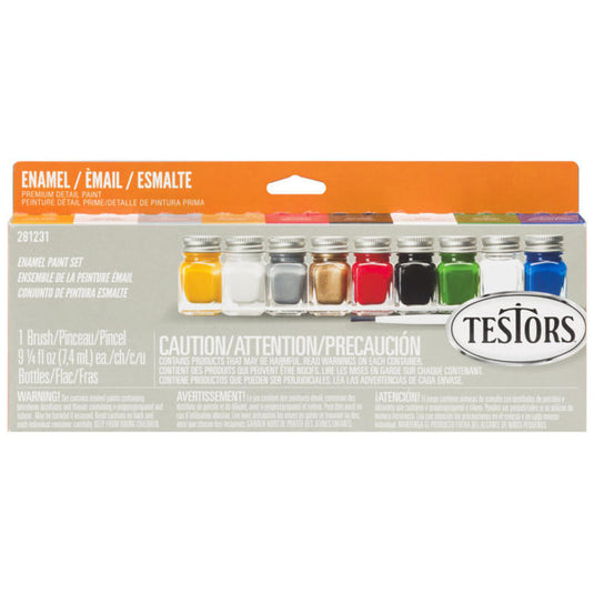 Testor All-Purpose Enamel Paint Set - 8 Colors, Thinner, 1 Brush, Mixing Tray