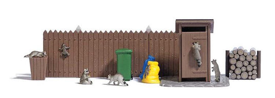 Busch HO Raccoons - Action Set -- 5 Adult and 2 Young Raccoons, Wood Fence, Wood Pile, Trash Can, Cart, Outhouse