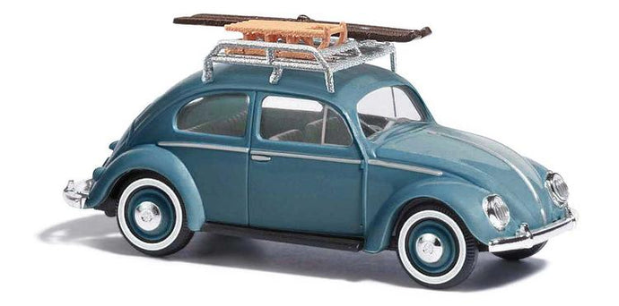 Busch HO 1952 VW Beetle with Pretzel-Split Rear Window - Blue (with Sled & Toboggan)