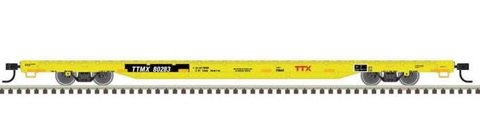 Atlas Trainman HO 68' Flatcar - TTX #80643 (yellow, black, red Forward Thinking Logo)