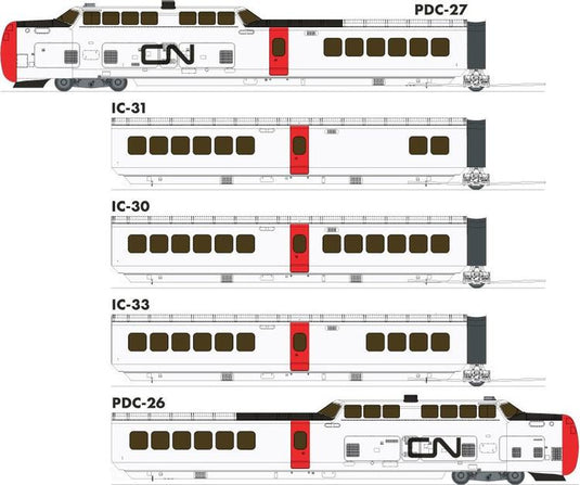 Rapido Trains HO scale United Aircraft Turbo Train 2.0 Canadian National #126-201-256-228-151 (2 Locomotives + 3 cars set)