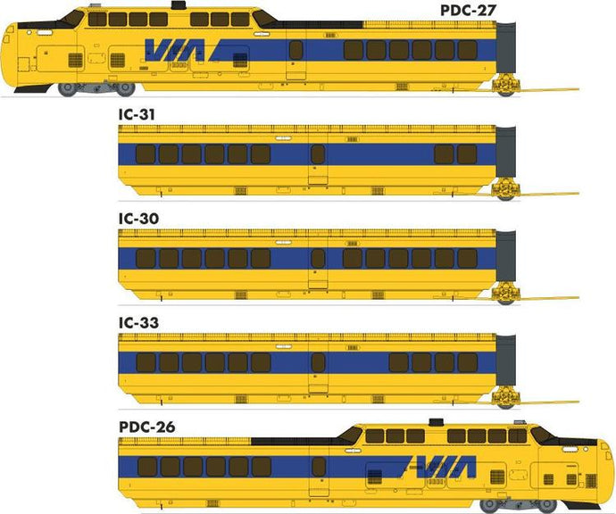 Rapido Trains HO scale United Aircraft Turbo Train 2.0 VIA Rail #146-201-256-228-151 (2 Locomotives + 3 cars set)