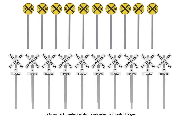 Chargez l&#39;image dans la visionneuse de la galerie, Walthers SceneMaster HO Railroad Crossing Signs - 10 Each Modern Advance Warning &amp; Crossbucks
