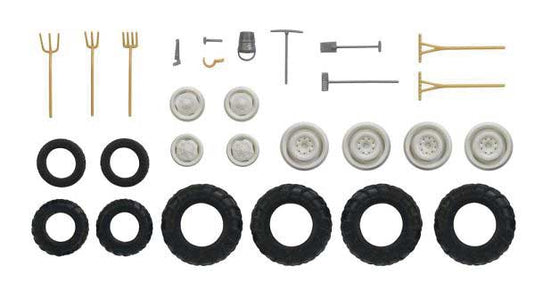 Busch HO Farm Vehicle Accessory & Miniature Tool Set -- 8 Tractor Tires & Wheel Hubs (Various Sizes) Hand Tools & Bucket